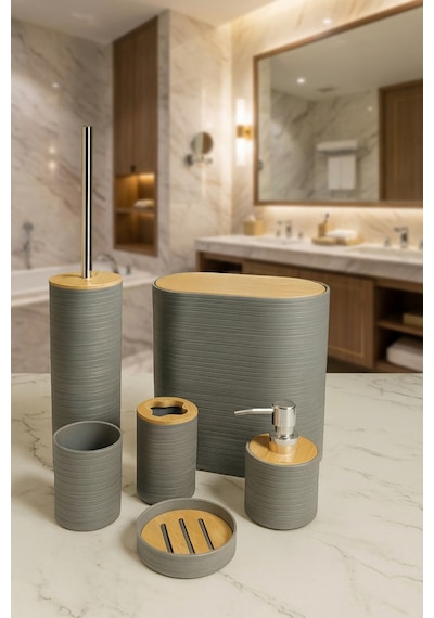Makri Home 6 Parça Bambu Kapaklı Banyo Seti, Gri, Oval, Hacim: 8 Litre Gri