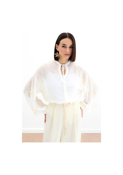 Sateen Nakışlı Şifon Gömlek - Krem-136178 Krem