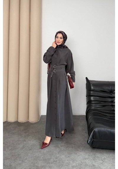 Mihran Butik Valeno Model Coupra Model Kumaş Kemer Detaylı Elbise Füme