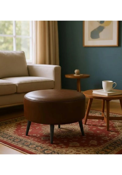 Waterybrook Suni Deri Puf Large - Siyah Ahşap Ayaklı - Retro Modern Tasarım - Dekoratif Sehpa Acı Kahverengi