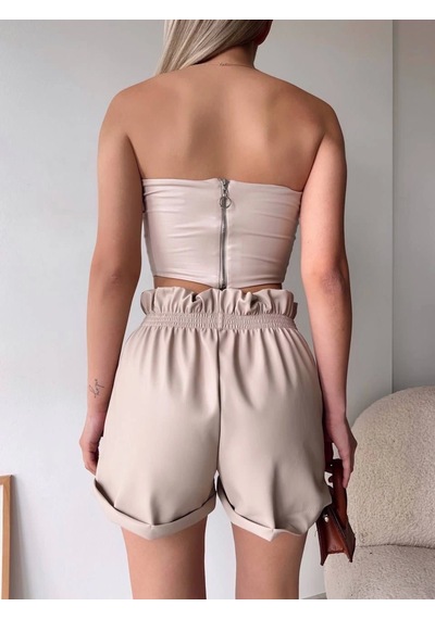 Kazax Tüllü Deri Crop Bej W24615 Bej