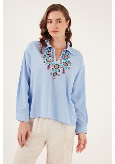 Lela Pamuklu Regular Fit Nakış Işlemeli Bayan Bluz 611Bz0181 Mavi