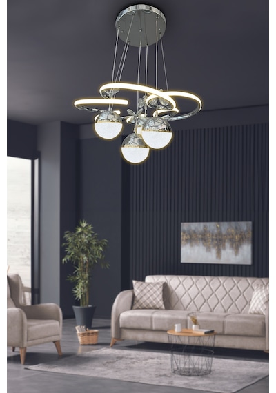 Modern Sarkıt Florya 4 Toplu Led Avize - Salon & Oturma Odası Avizesi - - Kumandalı / Krom Krom