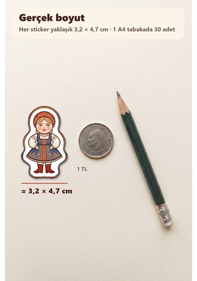 30 Adet Folklorik Matruşka Bebek Sticker Seti - Laptop, Defter, Ajanda Çok Renkli