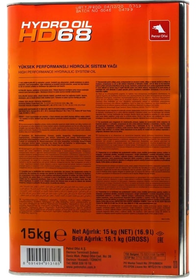 Petrol Ofisi Hydro-Oil Hd 68 Hidrolik Sistem Yağı 15 KG
