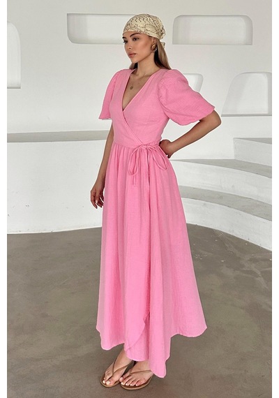 Olcay V Yaka Belden Bağlamalı Müslin Elbise Pembe 9354-e