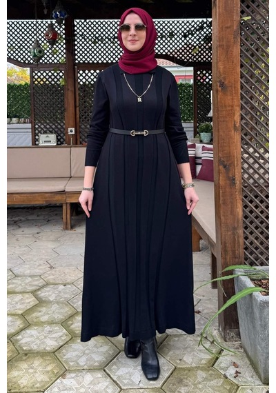 Rabia Şamlı Biricik Kemerli Triko Elbise Siyah Normal