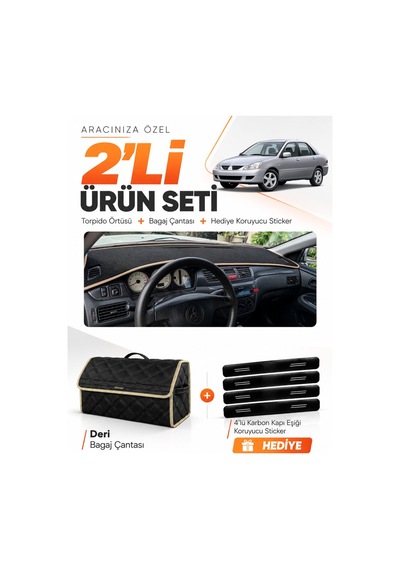 Mıtsubıshı Lancer 2003-2006 Uyumlu Torpido Örtüsü + Deri Bagaj Çantası + Sticker Seti - Siyah Bej