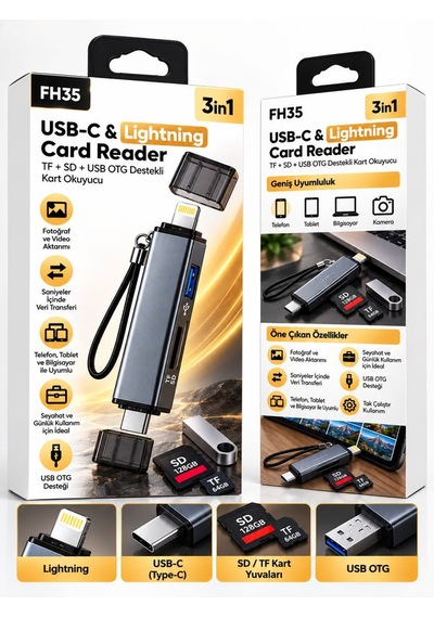 Type-c Lightning Çift Girişli Sd Tf Kart Okuyucu Usb Otg Apple iPhone Uyumlu Android Hafıza Kartı Adaptörü