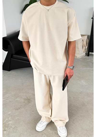 Bej İnce Fitilli Oversize Tişört Bej