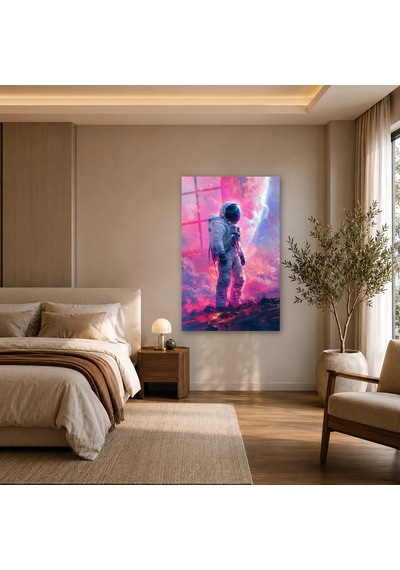 Pembe Bulutlarda Yürüyen Astronot Çerçevesiz Cam Tablo