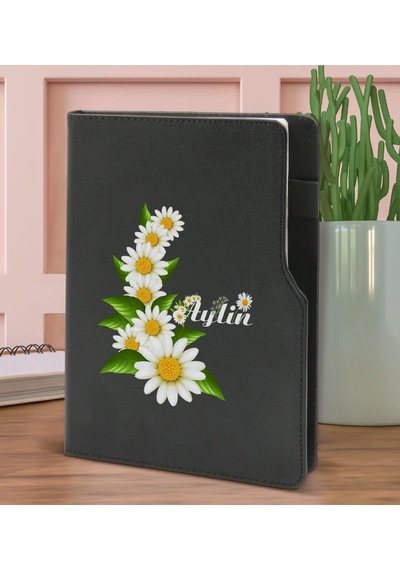 BK Gift Kişiye Özel Papatya Temalı Siyah Termo Deri Not Defteri 1