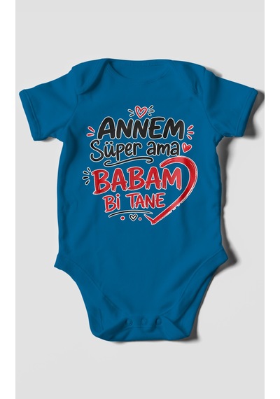 Morivokids Annem Süper Ama Babam Bi Tane Kısa Kollu Bebek Body %100 Pamuk Koyu Mavi