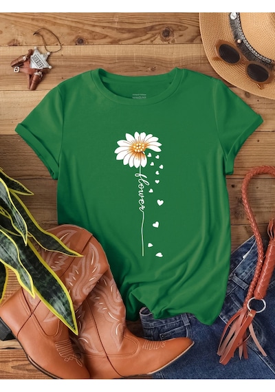Uyguntarz Unisex Flowers Baskılı Tasarım Tshirt Yeşil