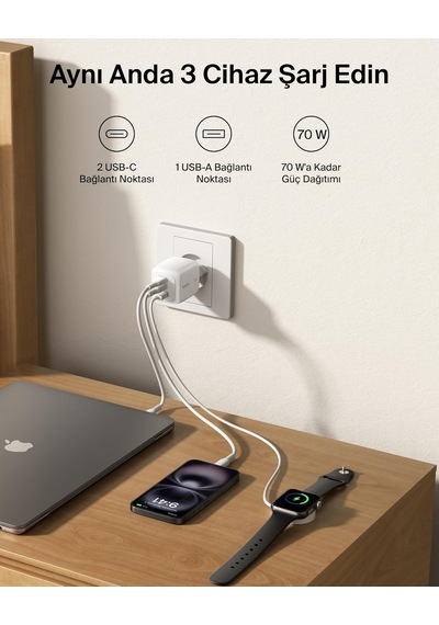 Belkin 3 Bağlantı Noktalı Usb-c Şarj Cihazı, 70 W, 2x Usb-c Ve 1x