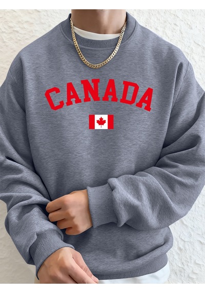 Startmore Startmorekanada Baskılı Bayraklı Erkek Kapüşonlu Üstleri Sonbahar Bol Sweatshirt Hip Hop Yuvarlak Yaka Gri