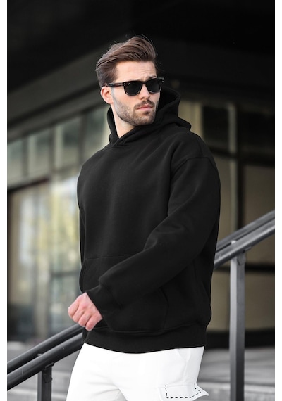 Madmext Siyah Kapüşonlu Kanguru Cep Erkek Sweatshirt E7169 Siyah