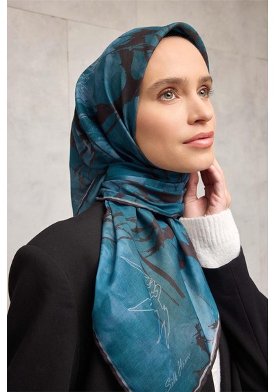Silk Home Pamuk Polyester Soft Eşarp Yaprak Desen Açık Petrol Mavisi 90x90 Çok Renkli