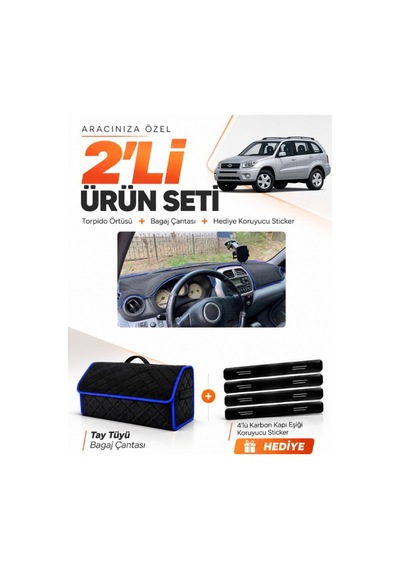 E-biz Toyota Rav4 2000-2005 Uyumlu Torpido Örtüsü + Tay Tüyü Bagaj Çantası - Siyah-mavi - To022