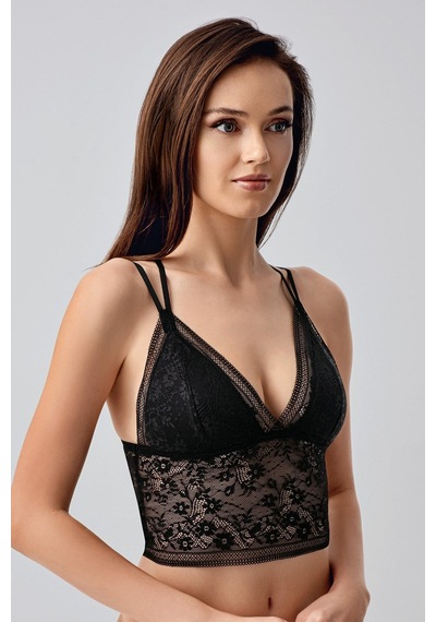 New Bra Çiçek Motifli Uzun Dantel Crop Bralet Siyah 8329