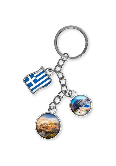 Yunanistan Üçlü Epoksi Metal Çift Taraflı Damla Anahtarlık Greece Gümüş