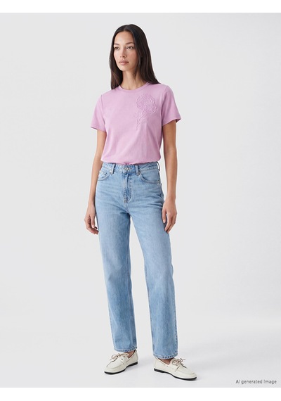 Lcw Everyday Lila Nakışlı Soft Touch Kadın Tişört