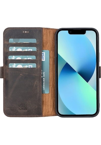 Apple Uyumlu iPhone 13 Pro Deri Cüzdanlı Kılıf Acı Kahve