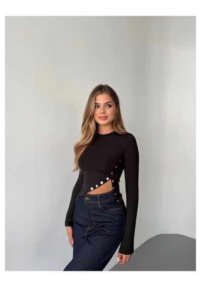 Kechi Woman Dalgıç Kumaş Çıtçıtlı Crop Siyah