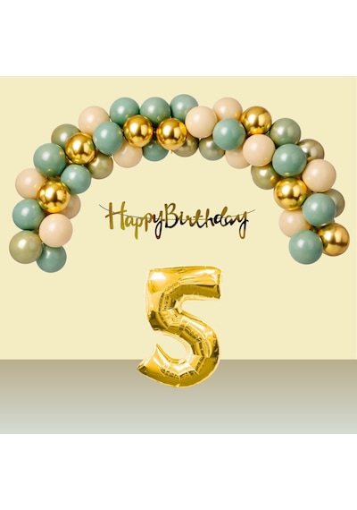 5 Yaş Retro Gold Kromgold Küfyeşili Kumbeji Balon Happy Birthday Banner Gold Rakam Doğum Günü Süsü Çok Renkli