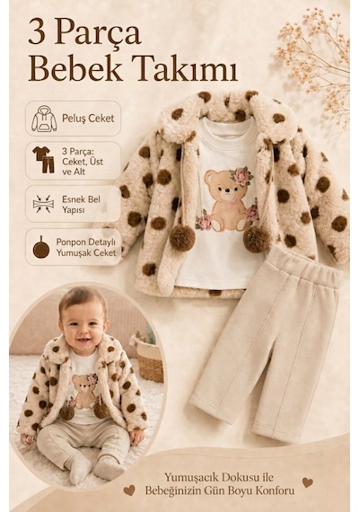 Ahengim Minik Ayıcık Baskılı Puanlı Yumuşak Dokulu Peluş Montlu 3 Lü Kız Bebek Set Takım Ak8534 Bej