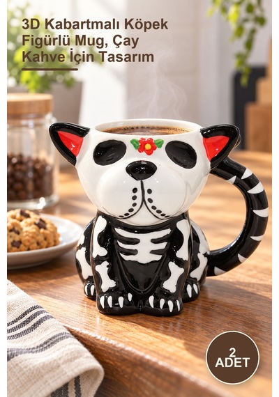 2 Adet Day Of The Dead Porselen Kupa 3d Kabartmalı Köpek Figürlü Mug, Çay Kahve İçin Tasarım 1