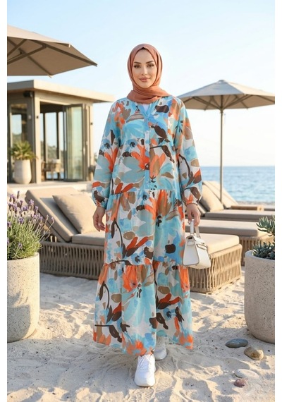 Hb Harma Time Butik Kadın Rahat Kesim Desenli Modal Kumaş Mavi Elbise Mavi Mavi
