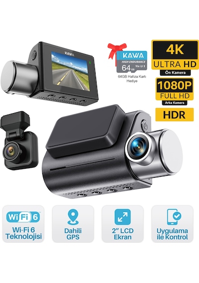 Kawa D7 2 Kameralı Ön Ve Arka 4k+1080p Hdr Wi-fi 6 Ve Gps'li Araç Kamerası + 64gb Hafıza Kartı