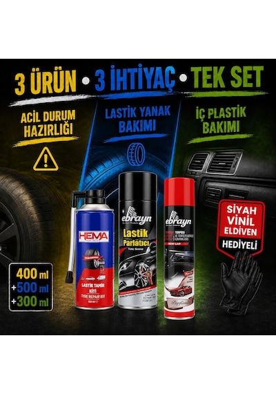 Eva Motors 3 Lü Universal Torpido Parlatıcı Araç Bakım Ve Acil Durum Seti New Car - Yeni Araba Siyah Vinil Eldiven li