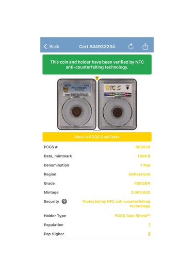 Pcgs Ms62bn 1908 B İsviçre 1rap Sertifikalı Nfc Çipli Özel Koleksiyon Parası
