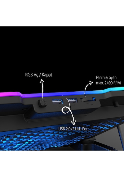 Inc-618gms 6 Fanlı Rgb Laptop Soğutucu Stand 9-17 2400 Rpm 10 Led Mod 5 Kademe Yükseklik Ayarlı