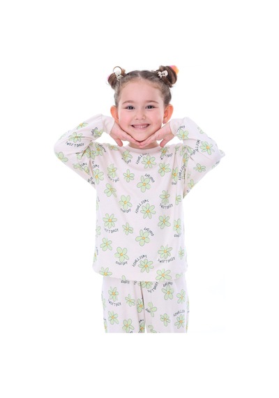 %100 Pamuk Çiçek Desenli Uzun Kollu Kız Çocuk Pijama Takımı 3,4,5,6,7,8 Yaş Yeşil