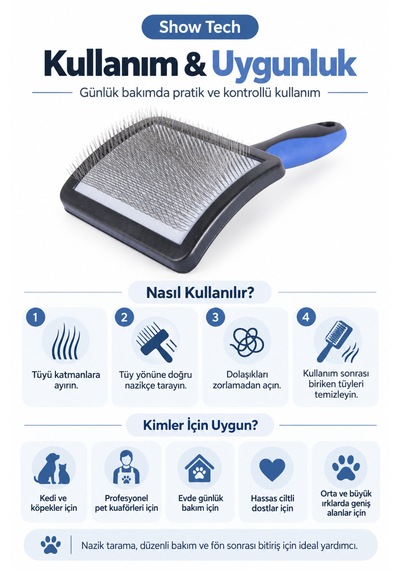 Showtech Universal Yumuşak Pinli Kedi Köpek Hassas Tarama Fırçası Büyük Boy