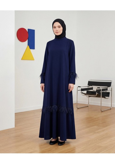 Nevayla Moda Tüy Detaylı Zarif Elbise / Lacivert - E0133