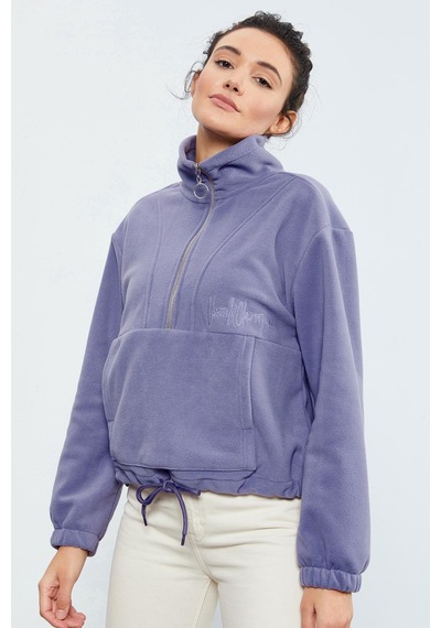 Tommy Life Açık Eflatun Yarım Fermuar Etek Ucu Büzgülü Kadın Polar Oversize Sweatshirt - 97171 Eflatun