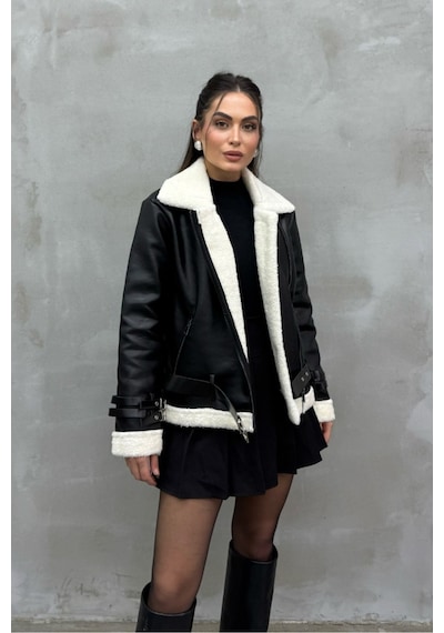 Msm Fashion Kadın İçi Beyaz Kürklü Siyah Kısa Biker Deri Ceket Mont Siyah-beyaz Siyah - Beyaz