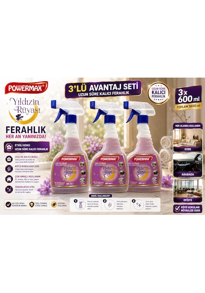 Powermax Yıldızın Rüyası Oda Parfümü 600 Ml X3 Set Ortam Kokusu Uzun Süre Kalıcı Ferahlık Diğer