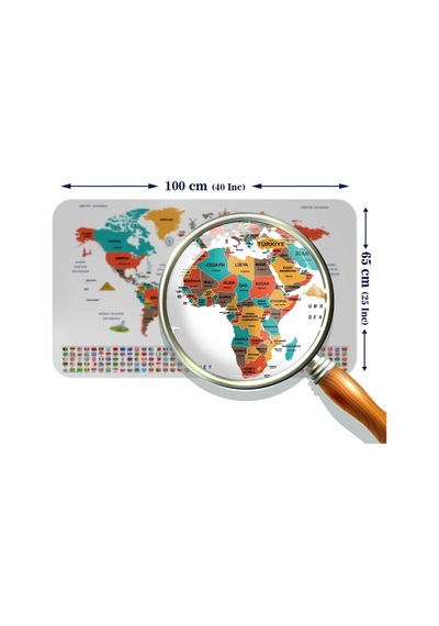 Türkçe Ülke Bayrak Lı Eğitici Başkent Detaylı Atlası Dünya Haritası Duvar Sticker -60x105-3858 Çok Renkli