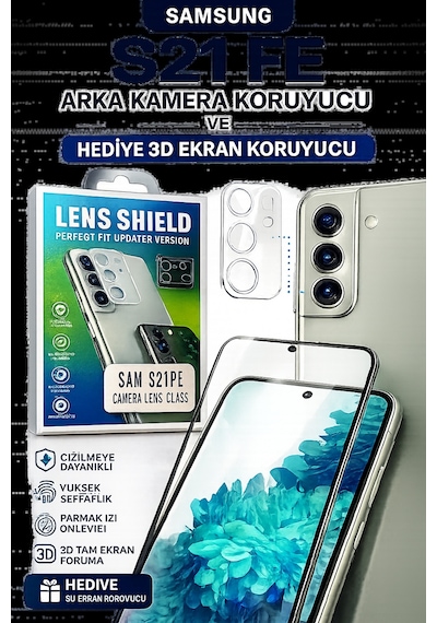 Samsung S21 Fe Uyumlu Arka Kamera Koruyucu+ Full Ekran Koruyucu Şeffaf