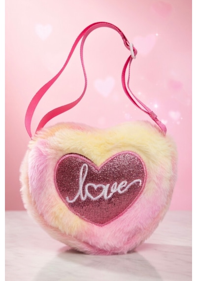 Mollycrush Love Nakışlı Kız Çocuk Pembe Hediye Peluş Çanta Simli Kalp Ve Yazı Detaylı Pembe Renk Geçişli
