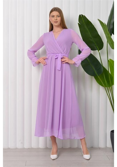Neşeli Butik Kadın Kuşaklı Uzun Şifon Elbise Nb003 - Lila Lila