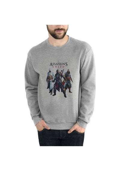Assasins Creed Baskılı Gri Erkek Örme Sweatshirt (528459293)