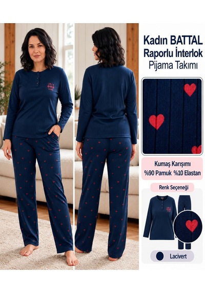 Lana Kadın Battal Pamuk Likralı Raporlu İnterlok Kışlık Pijama Takımı 245/26 - 1 Adet Lacivert Lana Kadın Battal Pamuk Likralı Raporlu İnterlok Kışlık Pijama Takımı 245/26 - 1 Adet Lacivert