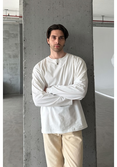 Erkek Oversize Uzun Kollu Basic T-shirt Beyaz