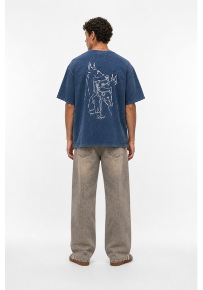 Respire Erkek Nakış Detaylı Yıkamalı Oversize T-shirt Lacivert